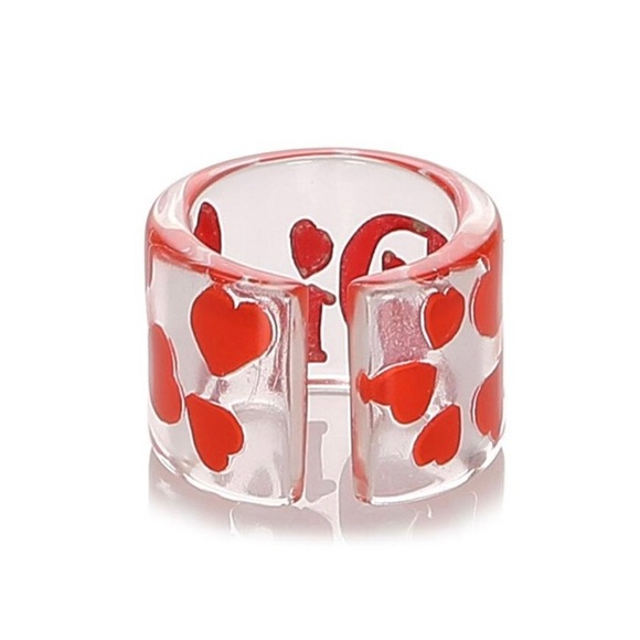 DIOR Lucite Ring Clear Red Hearts Acrylic w Tag & Pouch New Girly - Picture 7 of 12